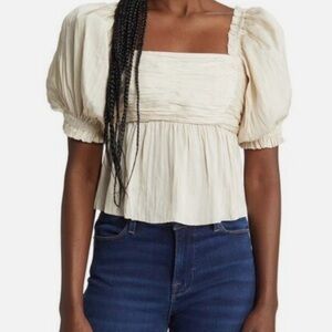 Frame Puff Sleeve Square Neck Empire Waist Pleated Vanilla Cropped Blouse Size S